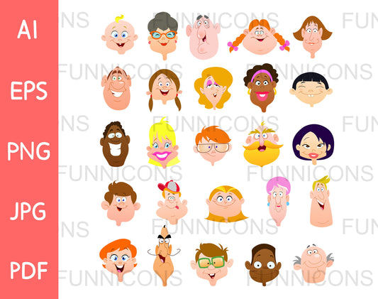 25 Diverse Happy Cartoon People Faces: Icon Avatar Set