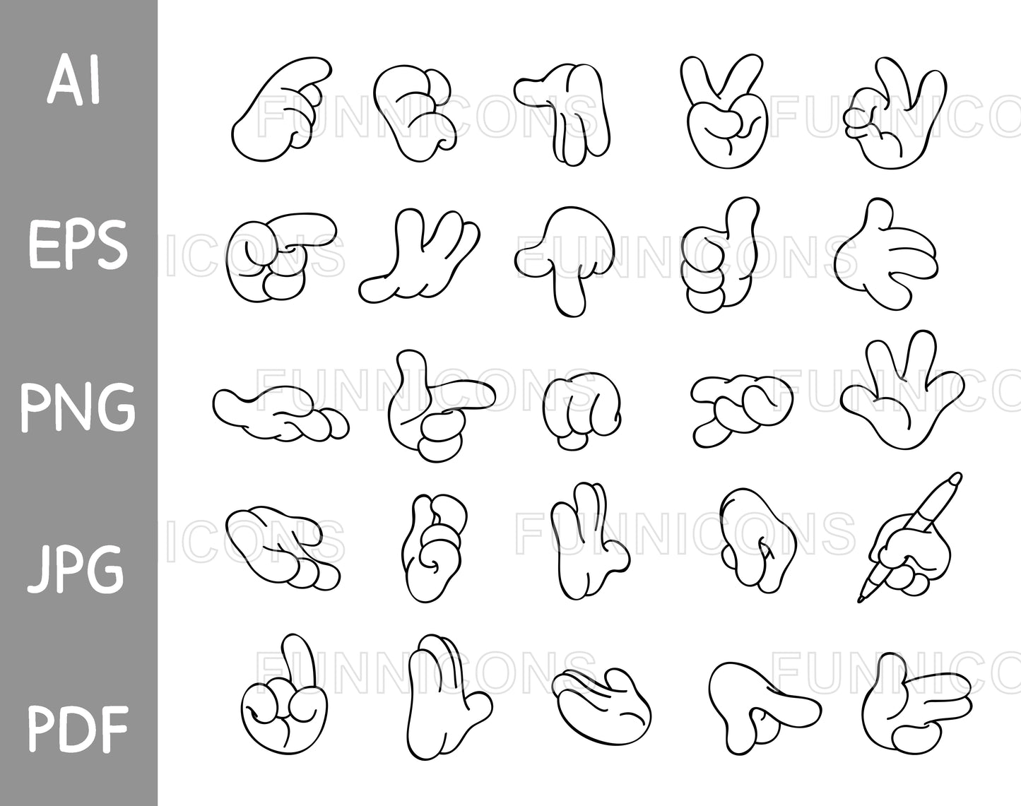 Set of Outlined Lineart Cartoon Hands
