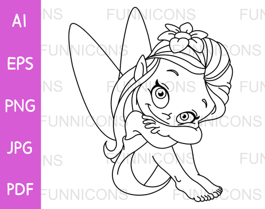 Outlined Little Fairy, Vector Line Art Illustration and Coloring Page.