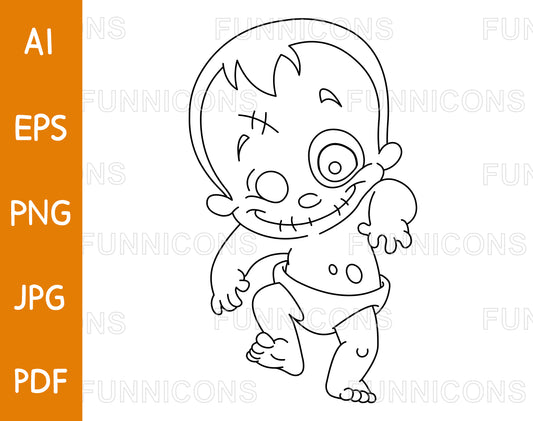 Outlined Happy Zombie Baby Walking, Vector Line Art Illustration and Coloring Page.