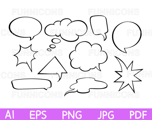Speech Thought and Boom Bubbles Set, Hand Drawn Comic Style.